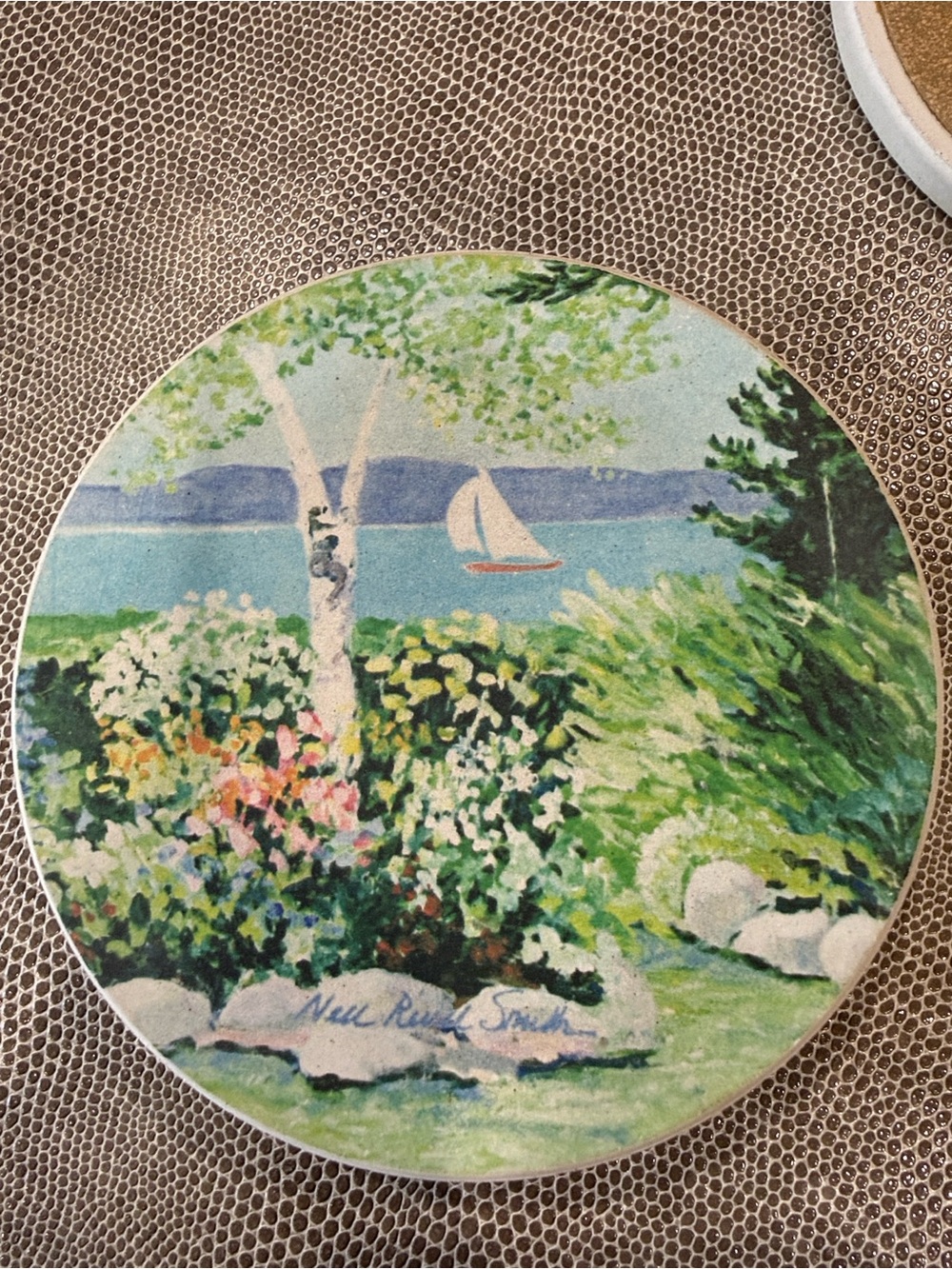 Scenic signed Coastal Floral Round Stone Coasters - Set of 4 - Picture 6 of 10